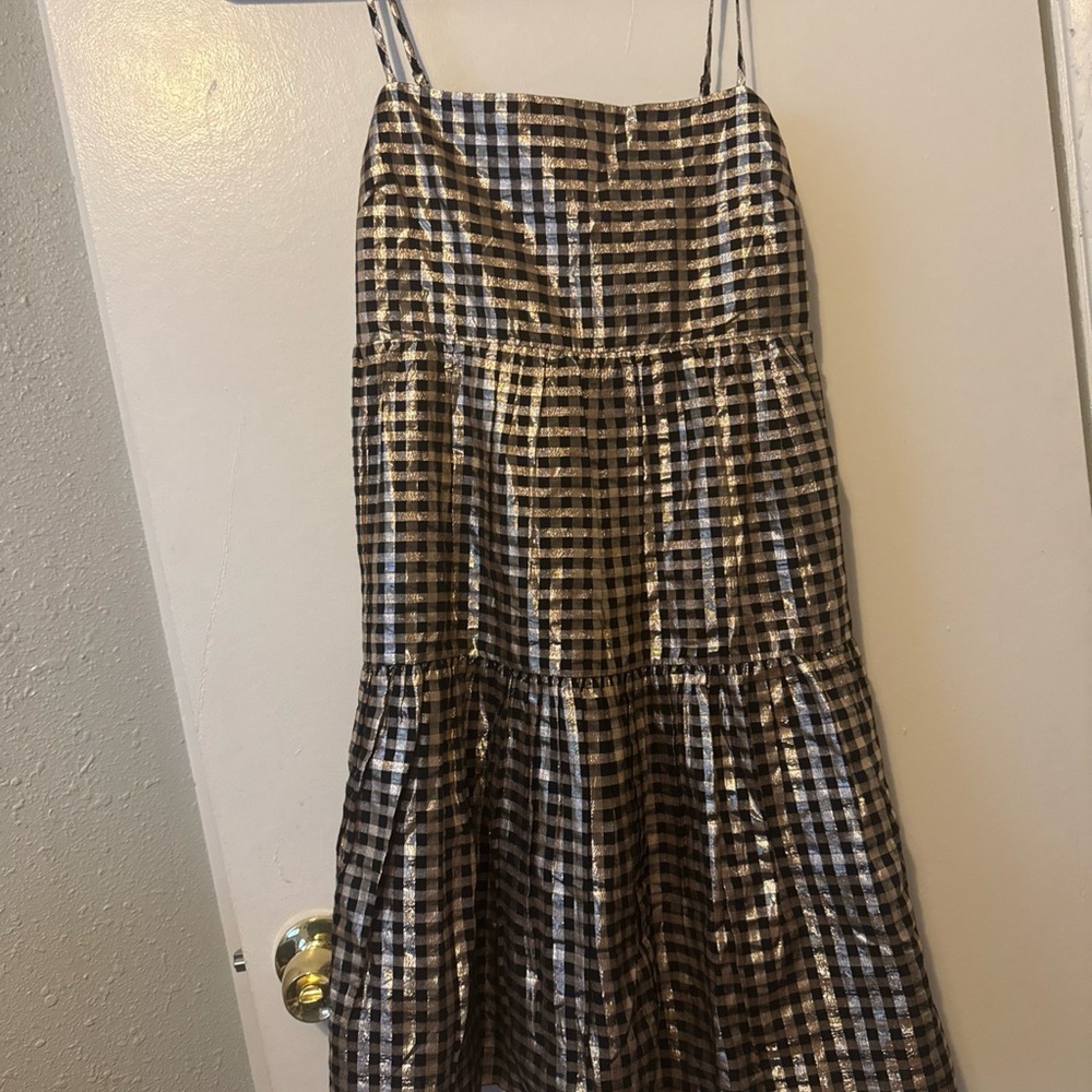 JCrew Size10 Black & Gold Gingham Metallic Tiered Slip Dress